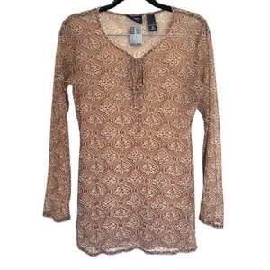 New York & Co Sheer Mesh Paisley Tie Neck Tunic Top XS